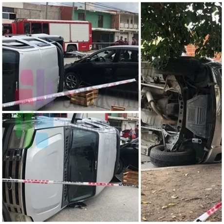 Triple choque provoca el vuelco de una camioneta