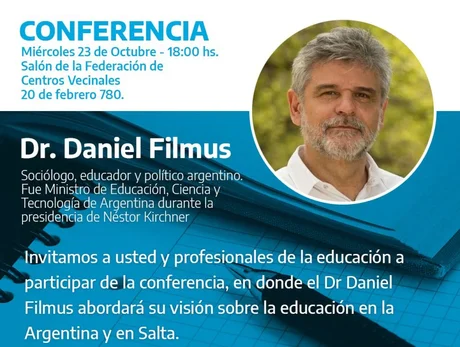 Filmus llega a Salta para brindar una conferencia sobre la educación en Argentina