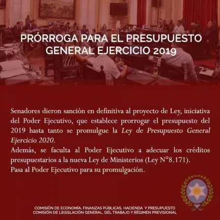 Senadores provinciales dieron sanción definitiva a la prórroga del Presupuesto 2019