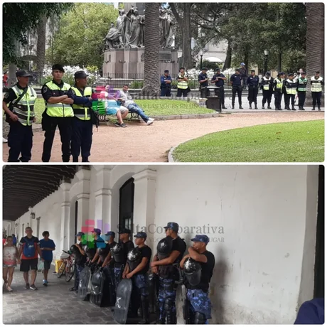 Infantería rodeó a los docentes en plaza 9 de Julio, pero lograron instalar su carpa