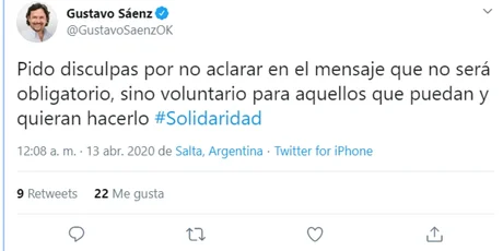 Sáenz aclaró que no quitará el 15% de los salarios a toda la administración pública: "será voluntario"