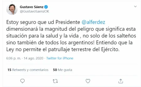 Por Twitter y con un video, Sáenz pidió a Alberto Fernández más control en la frontera con Bolivia